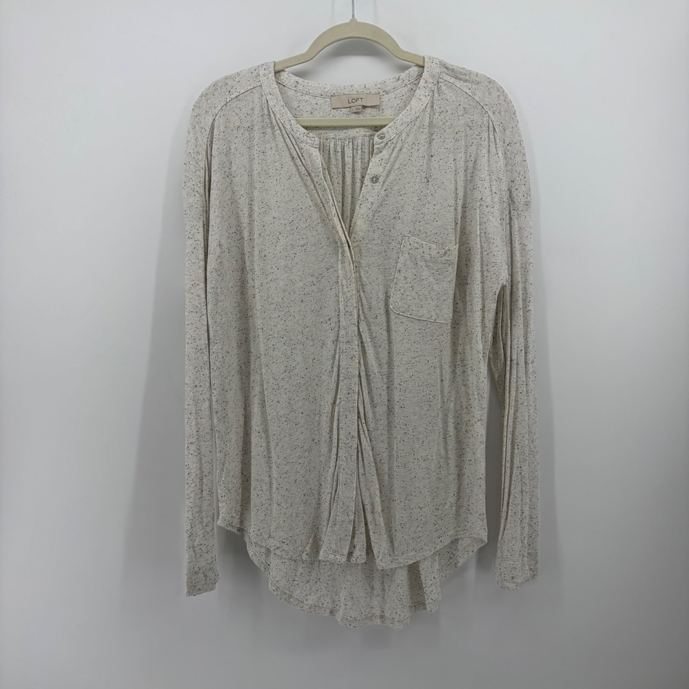 LOFT Womens L Ivory Speckled Henley Top Long Sleeve Button Pocket High Low Hem